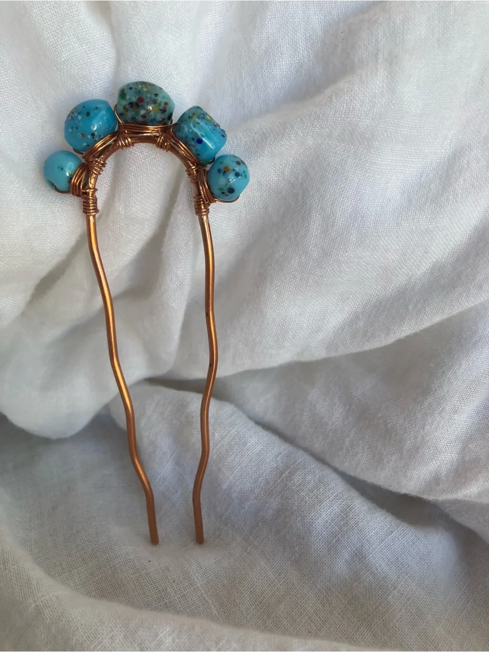Teal Milliflori Beaded Hair fork Hammered Copper